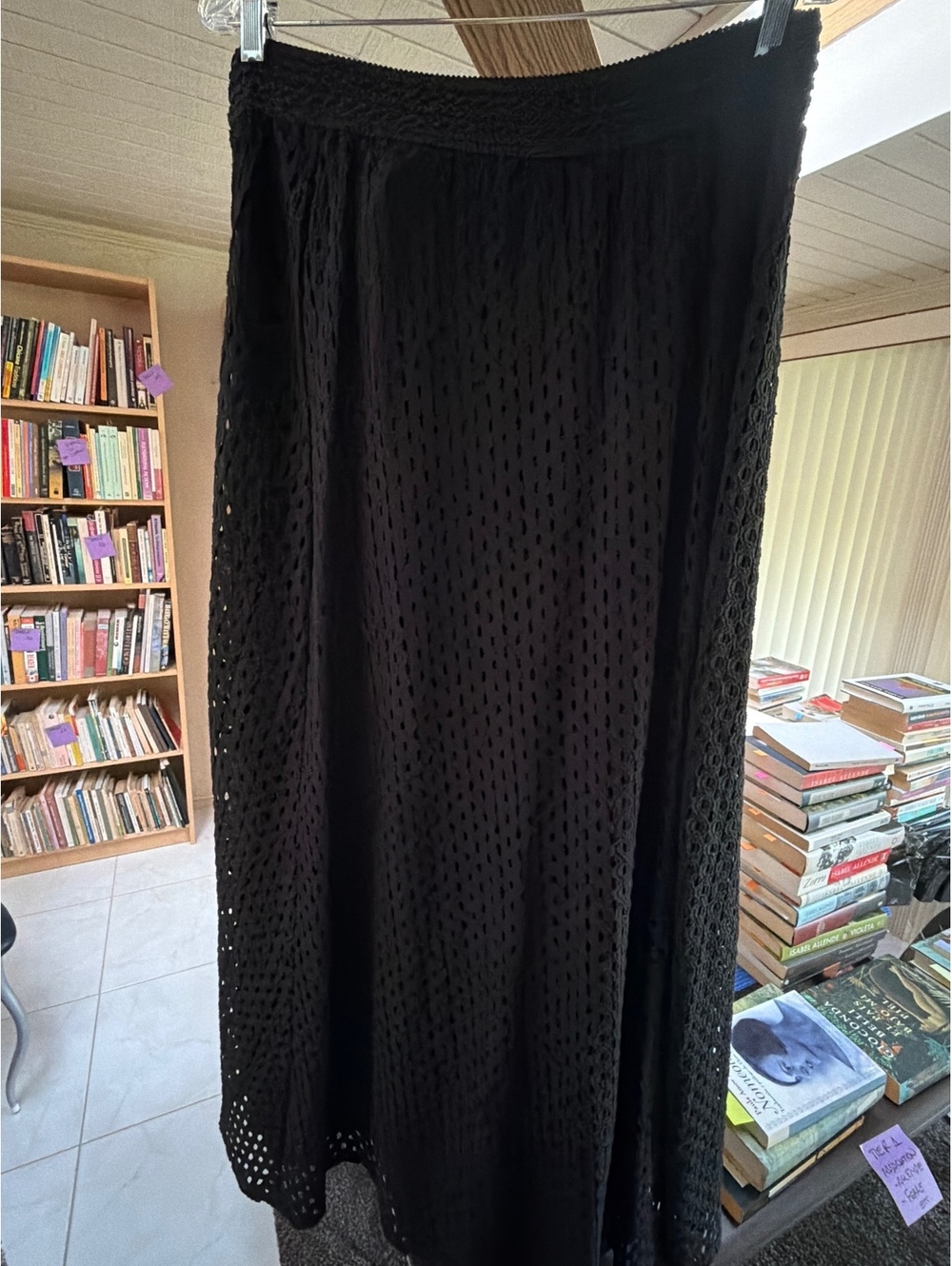 Chico's Black Eyelet Maxi Skirt Size 2 with Crochet Waistband